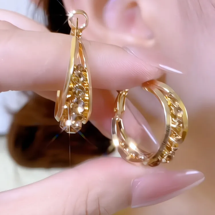 铜合金合成锆石耳饰 轻奢高级感金色镶钻耳圈2025新款爆款耳环