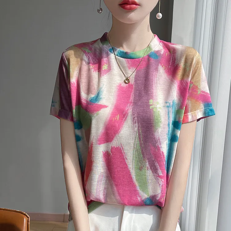夏新款显瘦女印花风上衣圆领短袖T恤-5904