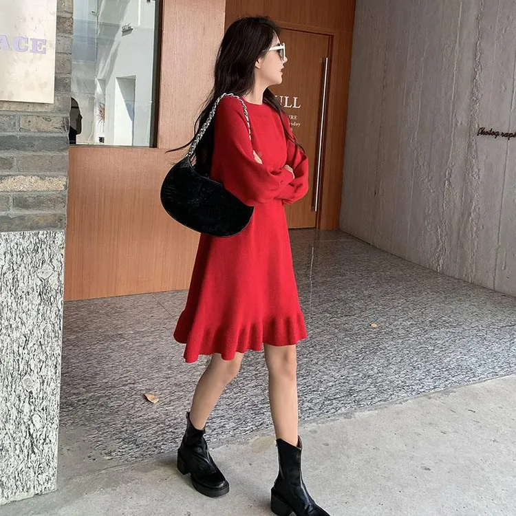 新年本命年红色步步生莲鱼尾针织连衣裙女秋冬小个子打底毛衣裙子