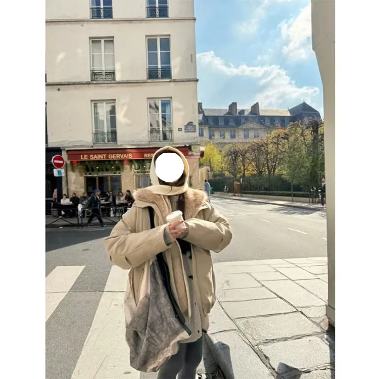 美式复古毛毛领连帽棉服外套女冬季新款大码胖MM宽松保暖加厚棉衣