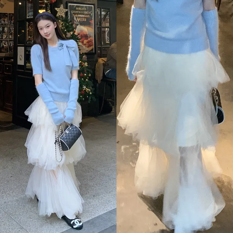【冬日暖白】秋冬法式浪漫网纱蛋糕多层蓬蓬半身裙254V4879
