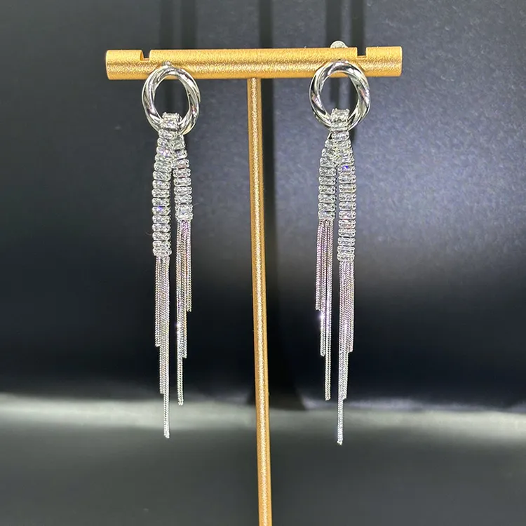 铜合金耳饰 个性气质长款锆石流苏耳环女时尚小众设计感精致耳钉