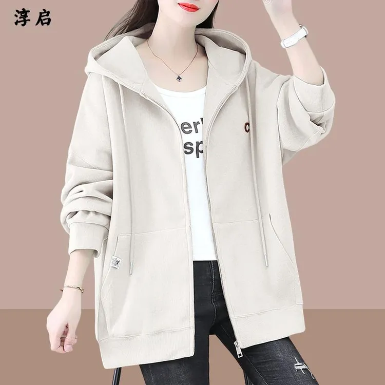 淳启时尚休闲连帽卫衣女士短外套秋季新款宽松中长款大码上衣开衫