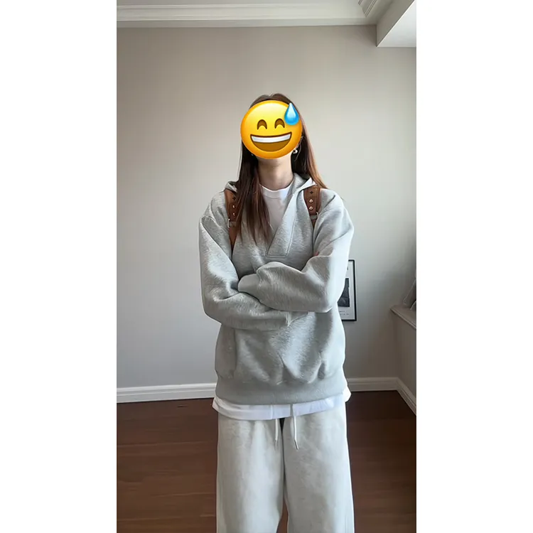 cleanfit浅灰色假两件连帽卫衣男秋季小众设计感外套美式重磅休闲