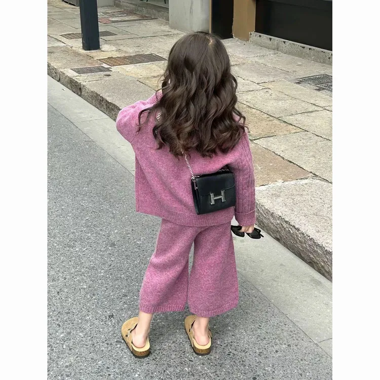 裤子秋装童装新款紫色针织圆领毛衣女宝宝可爱上衣喇叭韩版潮