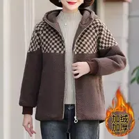 11315-妈妈秋冬加绒加厚连帽外套新款中老年格子保暖上棉衣【A仓】