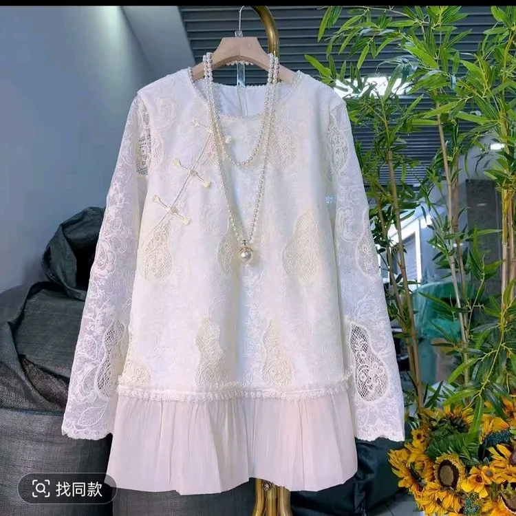 秋冬胖妹妹大码女装新款提花刺绣拼接褶皱宽松遮肉新中式蕾丝衫