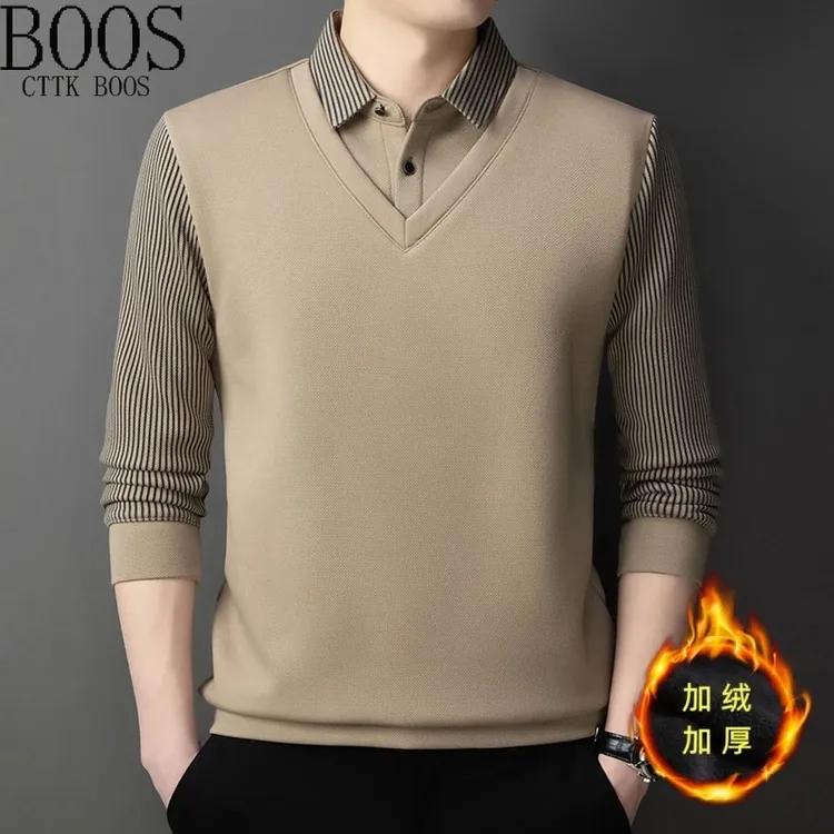 【BOOS】爆款低价冬季厚款假俩件抗起球男士衬衫领加绒加厚翻领上衣