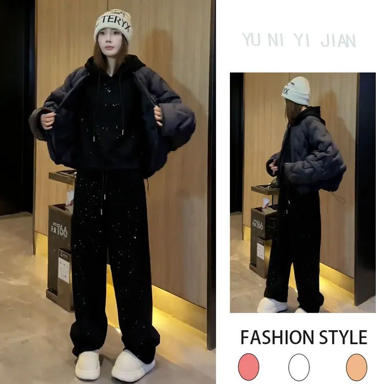 2025秋冬季新款设计感极简风棉服内搭加绒卫衣加绒休闲卫裤三件套