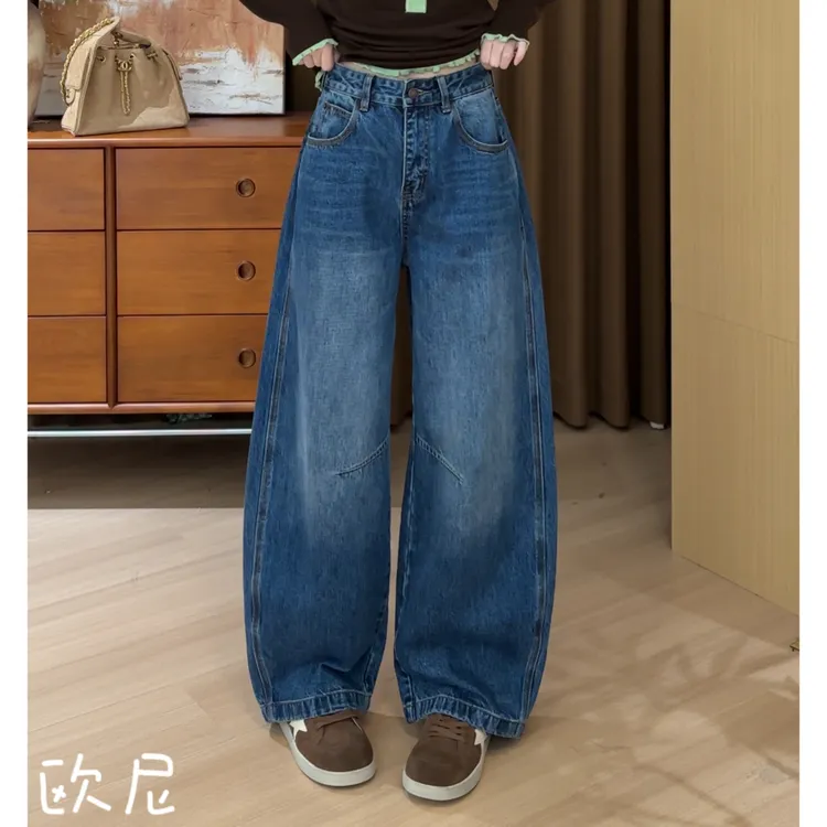 欧尼私服 2025初秋新款复古弯刀阔腿显瘦宽松直筒牛仔裤2508C5042