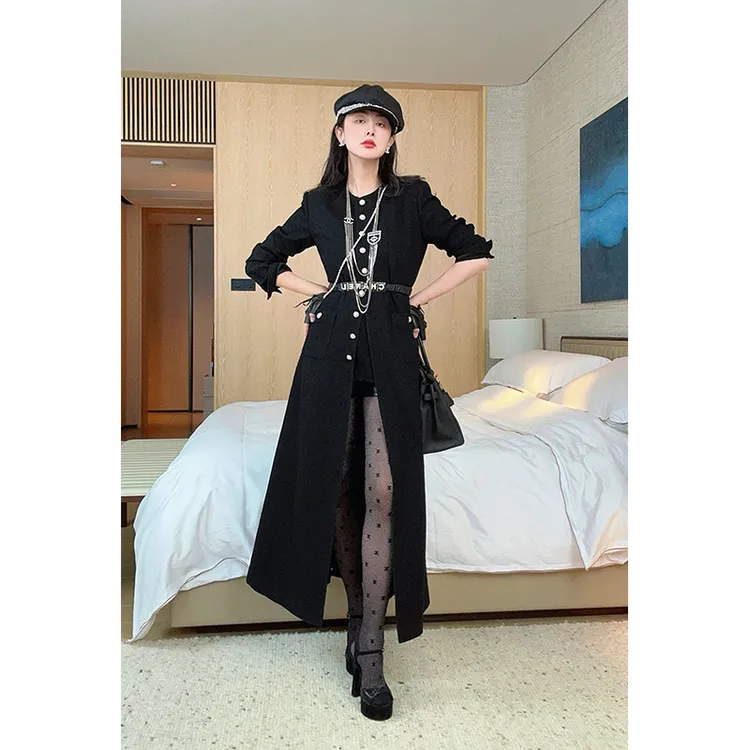 TRACY CHU 黑色轻薄混羊毛粗花呢女王财阀富家千金小众长风衣裙