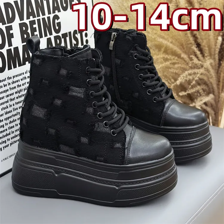 女鞋休闲风短靴12cm拉链帆布鞋秋冬季超高跟高帮鞋10cm内增高14cm
