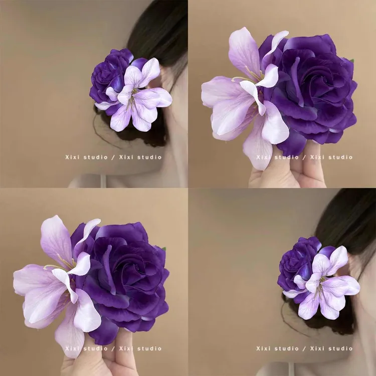 紫色系玫瑰花朵发夹女2025新款发夹氛围感头饰气质鸭嘴夹发夹发卡