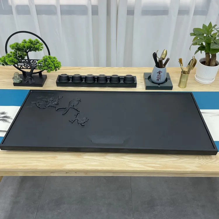 鹊踏枝乌金石天然石茶盘现代简约家用办公立体浮雕功夫茶具轻奢