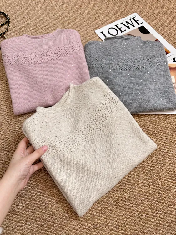 【烫钻满天星】钩花半高领冬季显瘦针织毛衣秋冬显白