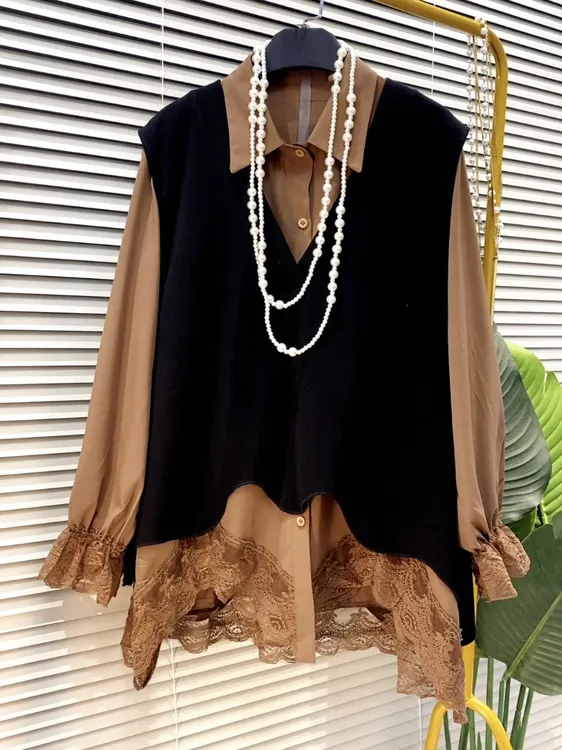 春季新款时尚气质蕾丝拼接衬衫马甲两件套遮肉显瘦
