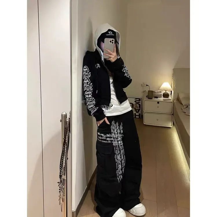 美式十字印花工装阔腿牛仔裤女秋季宽松垂感拖地裤设计感复古