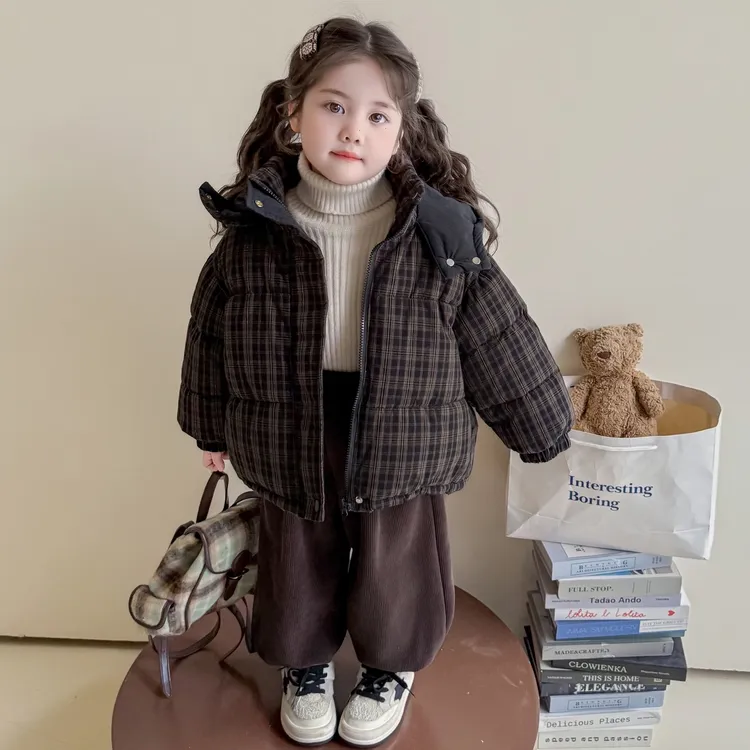 韩版女童冬季棉袄2026新款儿童洋气加厚连帽格子棉服女宝宝棉衣潮