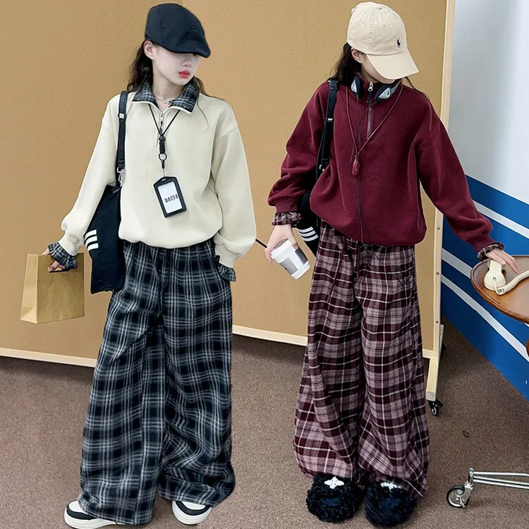 女童2025春季新款儿童洋气韩版卫衣格子阔腿裤休闲女孩时尚两件套