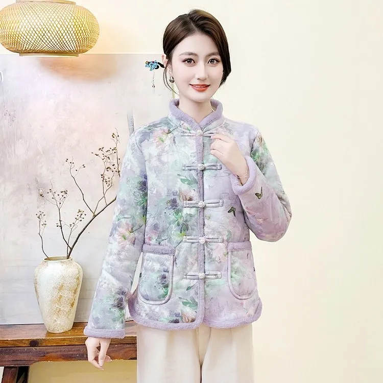 冬季新款新中式加绒加厚立领减龄保暖复古减龄棉服