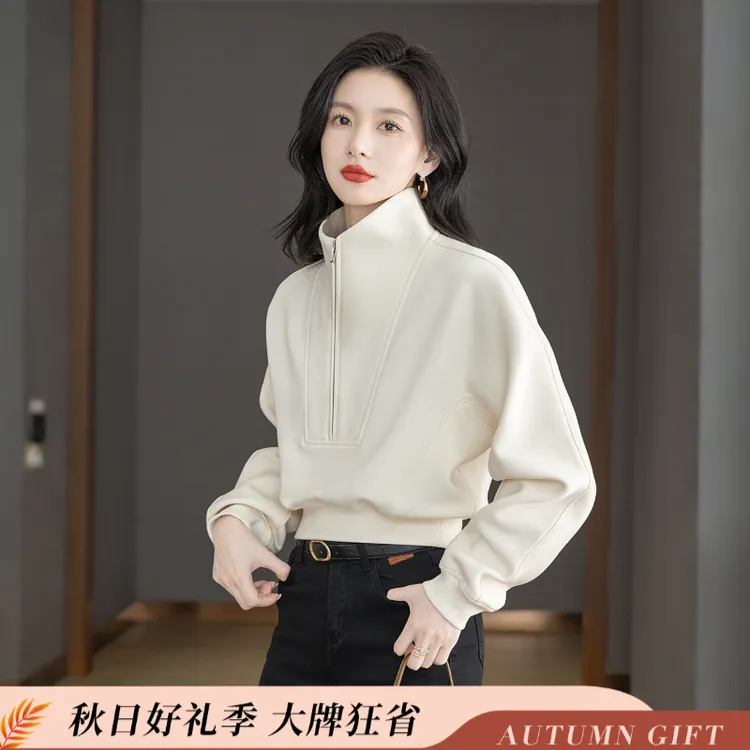丝柏舍2025秋装新款女装时尚简约宽松短款长袖立领卫衣S53B3382U