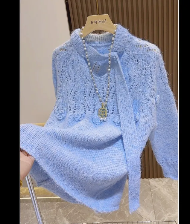 2025早秋新款法式花朵镂空针织衫上衣女高级感超好看毛衣慵懒风潮