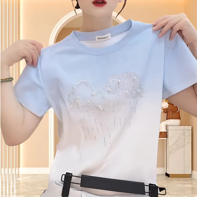 纯棉夏季独特漂亮小衫渐变色休闲t恤女重工个性亮片印花短袖女t恤