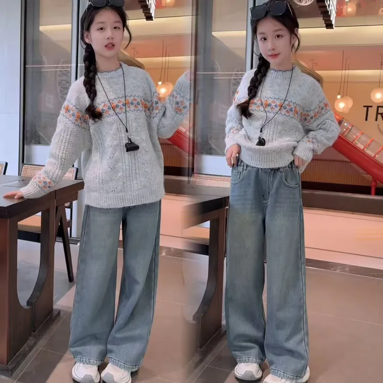女童套装2025秋冬新款韩系加厚毛衣针织衫中大童加绒直筒裤两件套