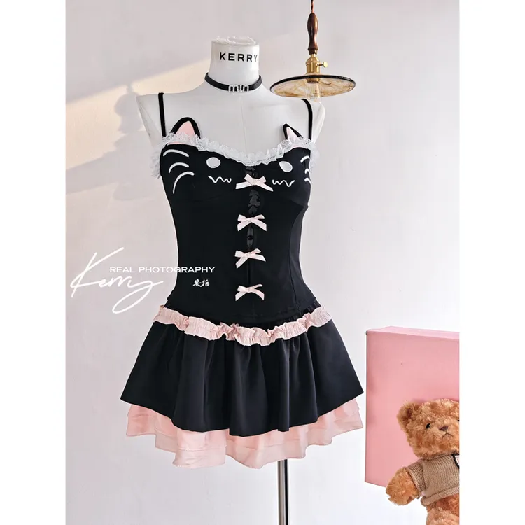 Kerry甜美减龄套装 反派小猫 夏季纯欲风小众设计卡通上衣短裙