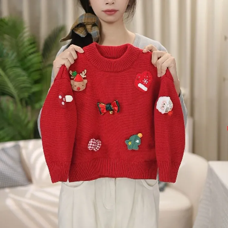 女童卡通圣诞风加厚针织衫毛衣喜庆冬季新款女宝宝派对保暖毛线衣