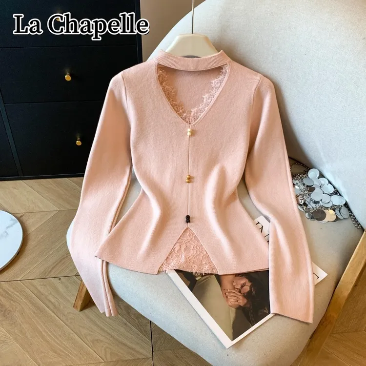 拉夏贝尔秋冬蕾丝花边拼接挂脖镂空毛衣气质百搭显瘦内搭长袖上衣