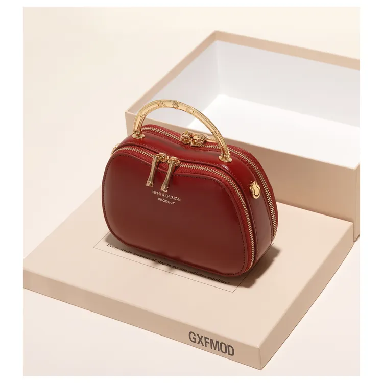 GXFMOD法式牛皮手提小方包女2025新款复古红色结婚包包链条小挎包