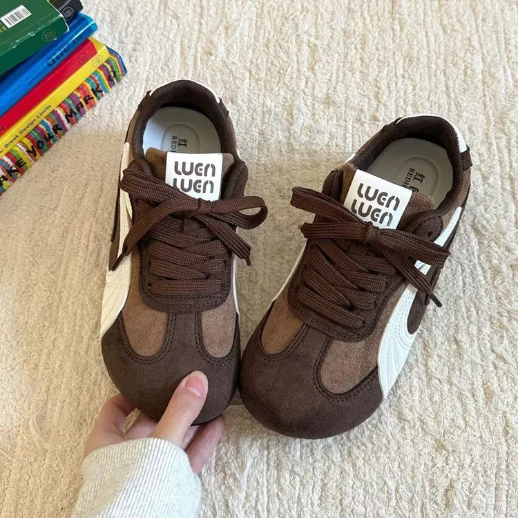 2025新款秋季复古拼色平底单鞋女百搭轻便休闲运动鞋系带德训鞋