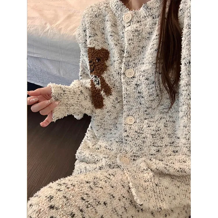 少女毛绒保暖小熊印花半边绒睡衣女秋冬季舒适宽松针织家居服套装