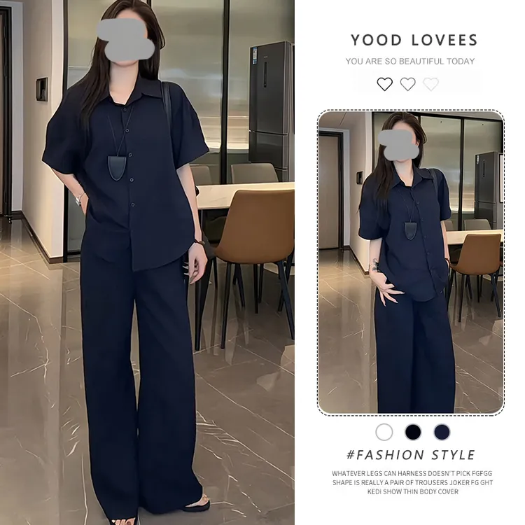 2025夏季老钱风套装女高级感藏蓝色显瘦短袖衬衫休闲阔腿裤两件套