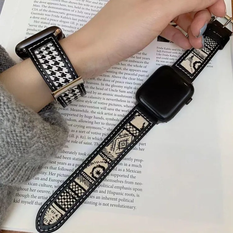 ins风适用苹果手表ApplewatchS10/s987SE2小众千鸟格真皮帆布表带