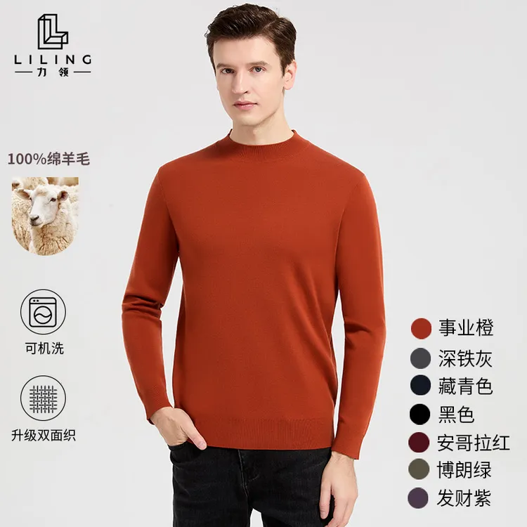 【精纺美丽诺羊毛】男士双面保暖半高领长袖针织机洗绵羊毛秋冬加厚