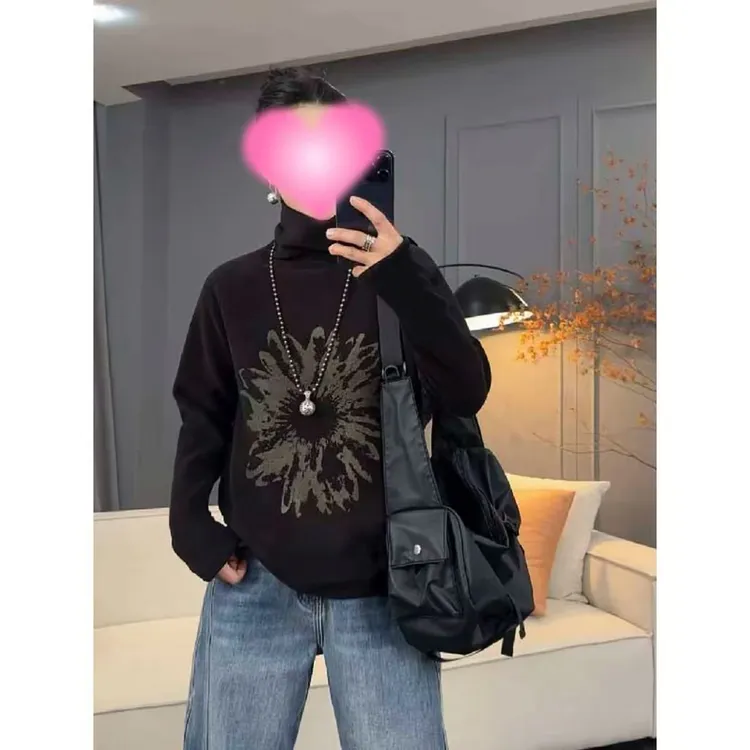 太谷休闲时尚简约百搭印花长袖秋冬加厚小话高领上衣00018