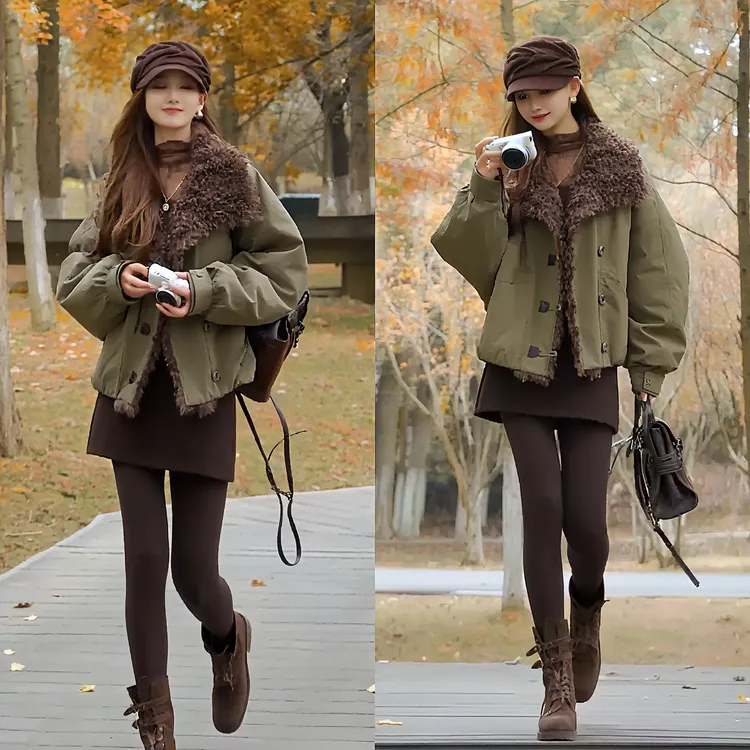 时尚穿搭女2025冬季新款休闲打底翻领气质保暖外套休闲短裙三件套