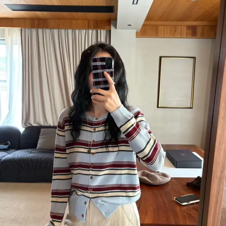 秋季新款条纹针织长袖开衫外套时尚休闲百搭宽松圆领韩版秋冬套头