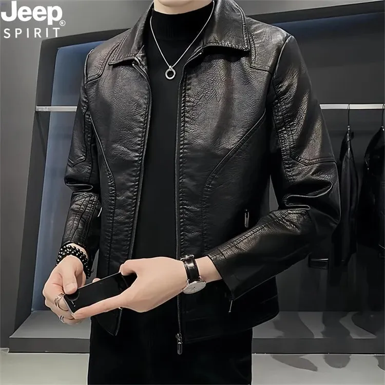 JEEP吉普高档海宁皮衣男士春季潮牌男士机车服外套痞帅皮夹克上衣