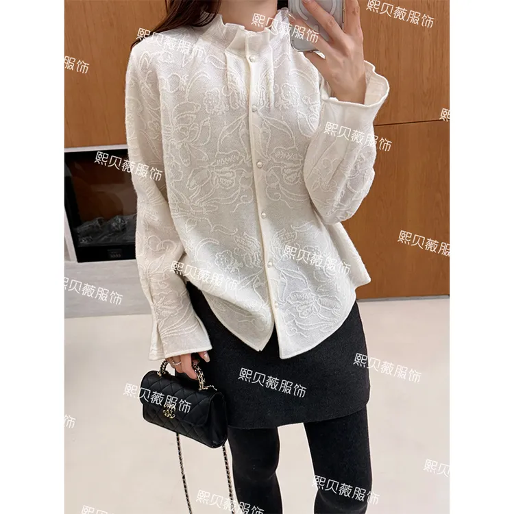 熙贝薇 100羊毛荷叶领提花松弛感冬季百搭毛衣针织开衫 G5893