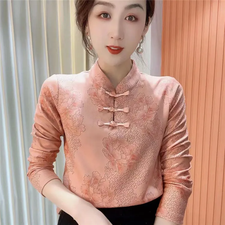 2024冬季新款立领印花气质百搭时尚长袖减龄加绒打底衫上衣女