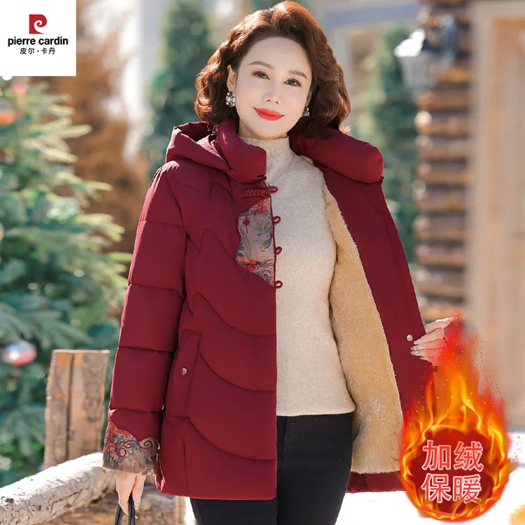 皮尔卡丹妈妈冬装加绒加厚棉衣时尚洋气保暖棉袄中老年女装新中式