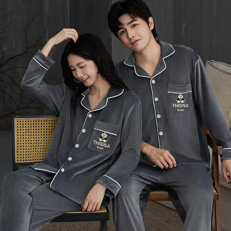 秋冬季薄绒海岛绒情侣可穿简约睡衣加肥加大码胖m200斤家居服套装