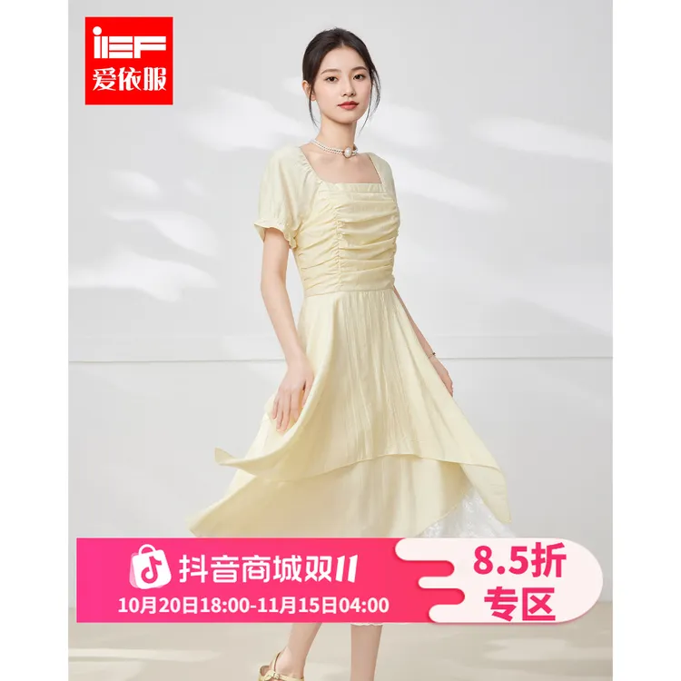 IEF/爱依服2025新款夏季梭织蕾丝拼接公主风设计款连衣中裙流光风