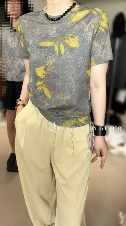 《100分纱T》夏季高级印花T时尚潮流小衫休闲短袖女装打底圆领上衣