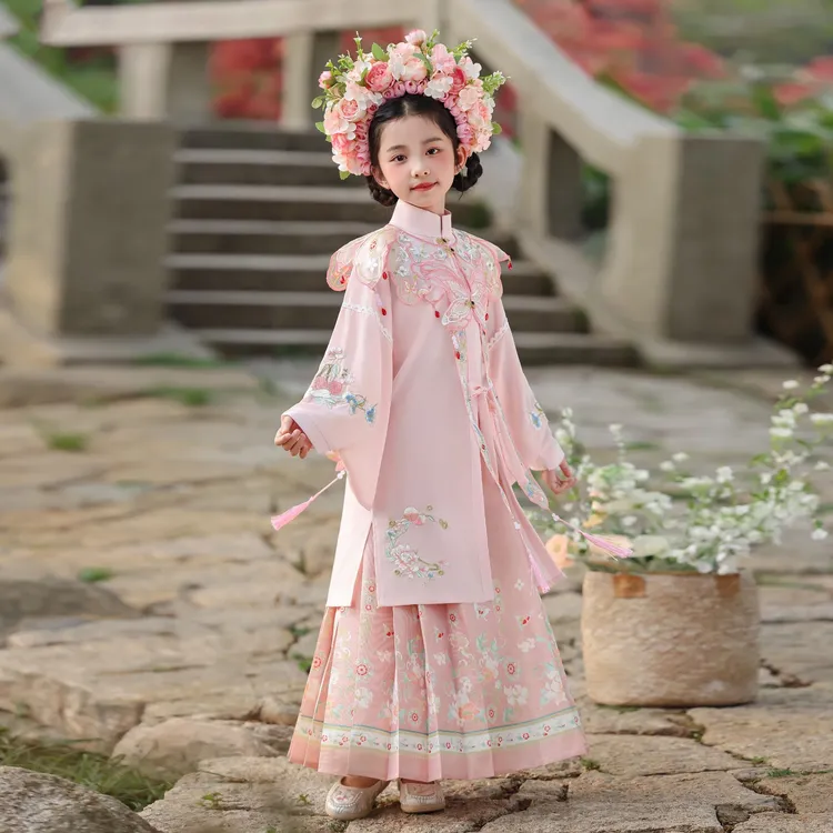 春夏款女童汉服国风明制蝴蝶粉色云肩古装儿童古风簪花中国风zy