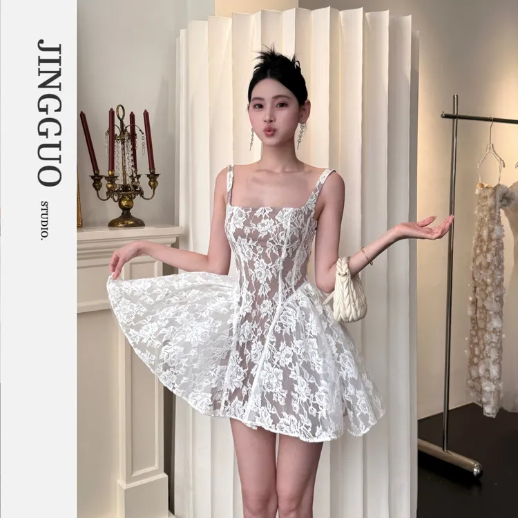 【JINGGUO轻奢】小众设计感法式甜美气质蕾丝修身显瘦连衣裙7420