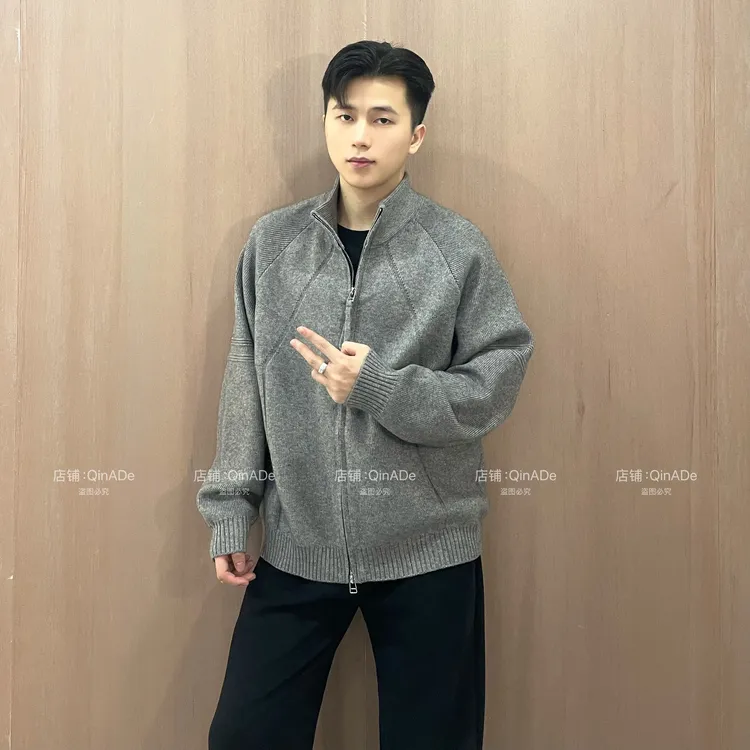 QinADe针织开衫男潮流双拉链纯色百搭休闲宽松男士毛衣外套针织衫